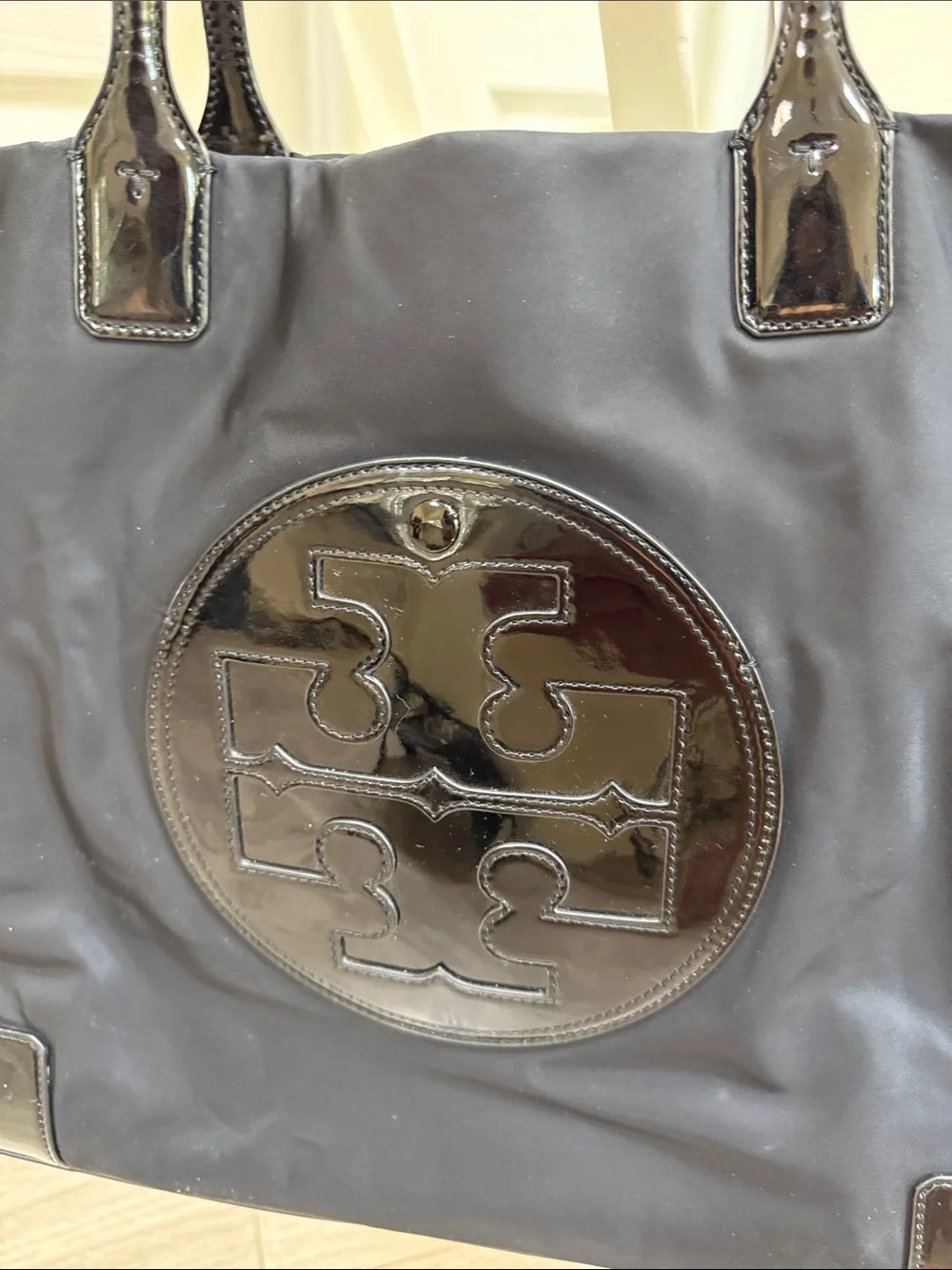 Tory Burch Black Nylon Tote with Patent Logo